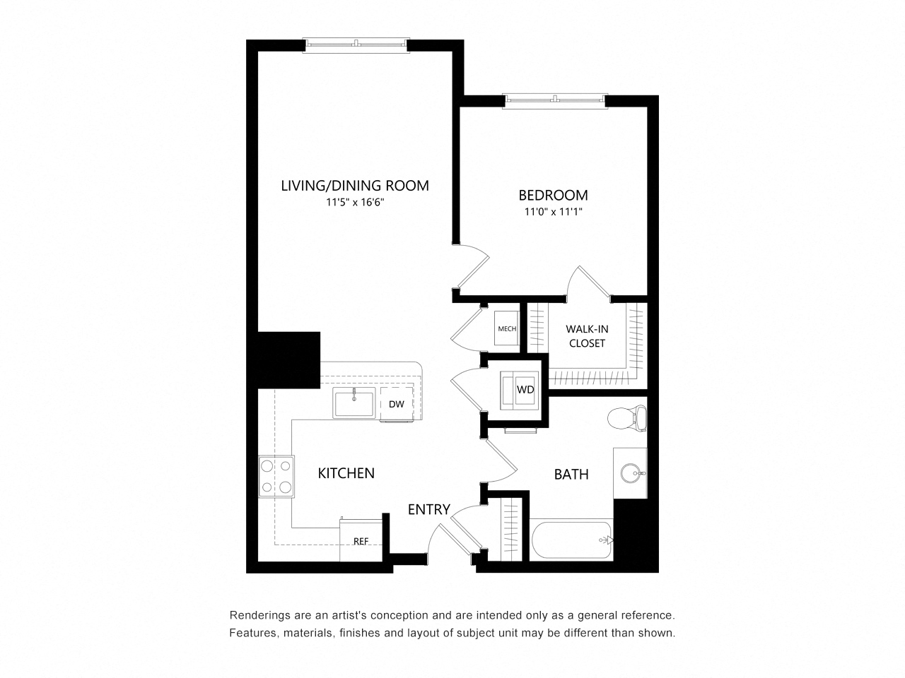 Floor plan for 1 bed, 1 bath, 700 sqft